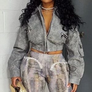 Grey Faux Leather Cropped Jacket